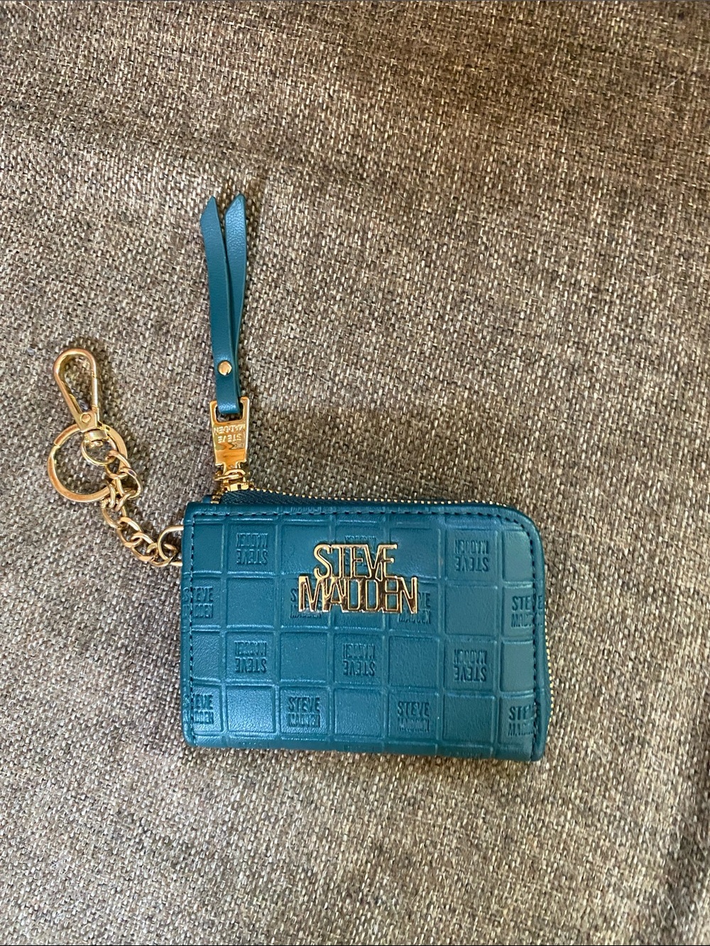Steve Madden Teal Embossed Logo Zip Card Case with Keychain